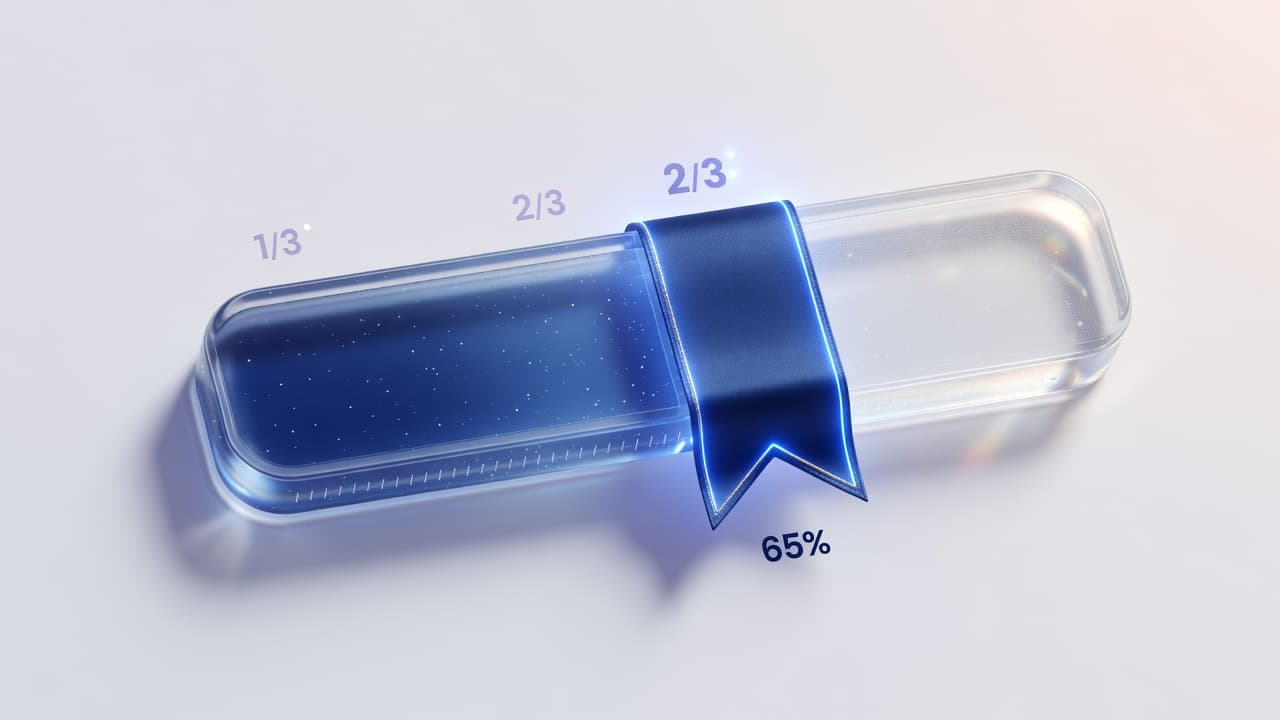 Glass progress bar with a navy blue bookmark ribbon marking 65 percent complete