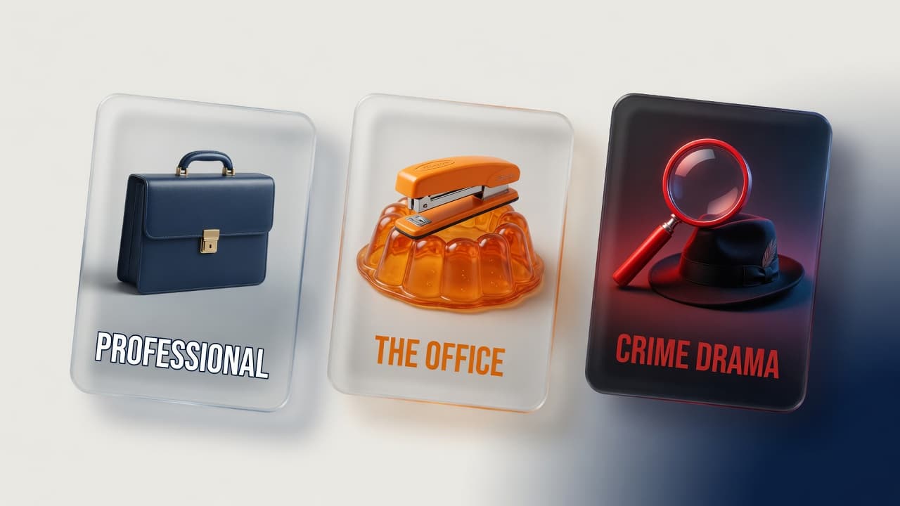 Three glass masks representing Professional, Office comedy, and Crime Drama training vibes