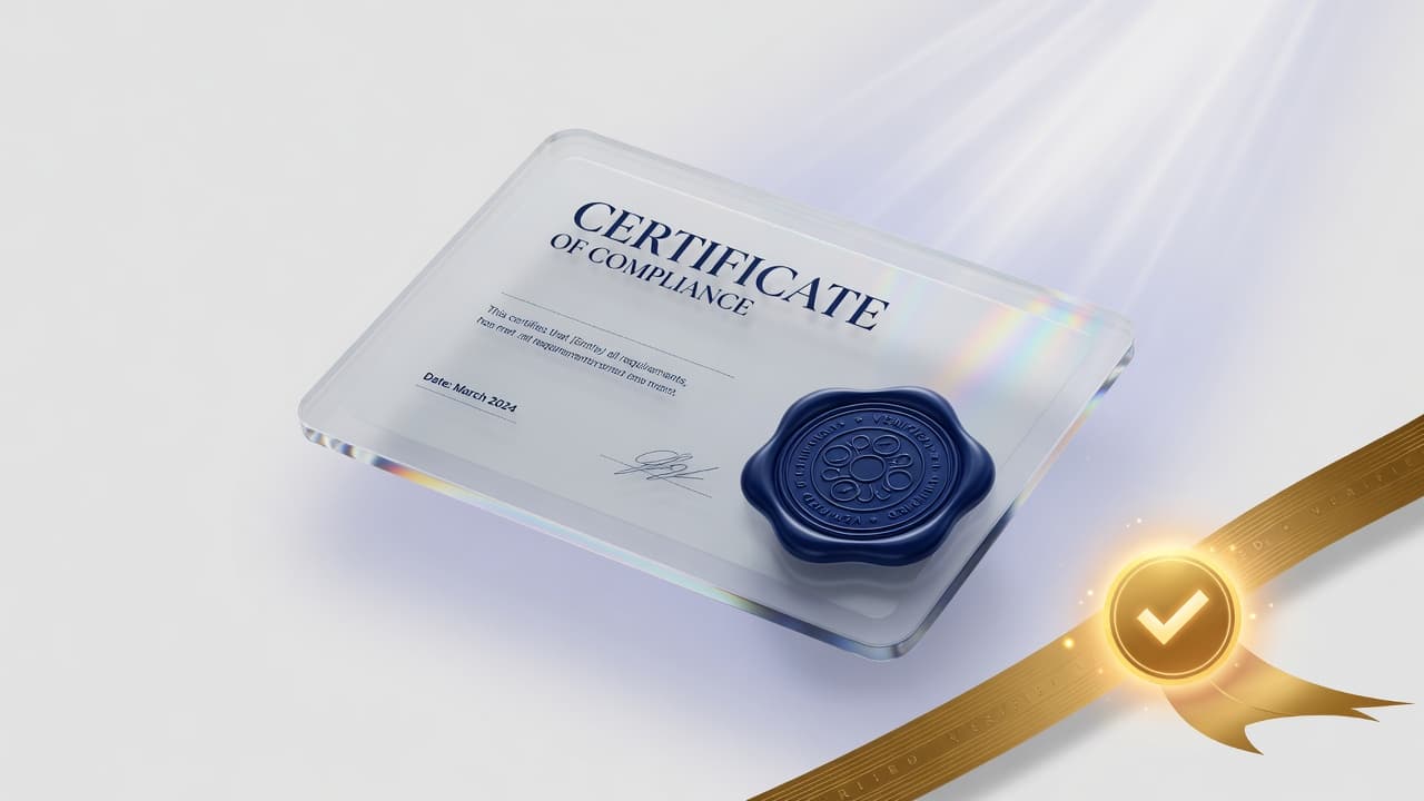 Glass Certificate of Compliance with navy wax seal and glowing golden checkmark