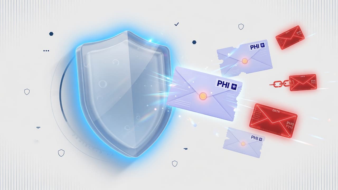 Glowing blue glass shield deflecting PHI envelopes and red data breach packets